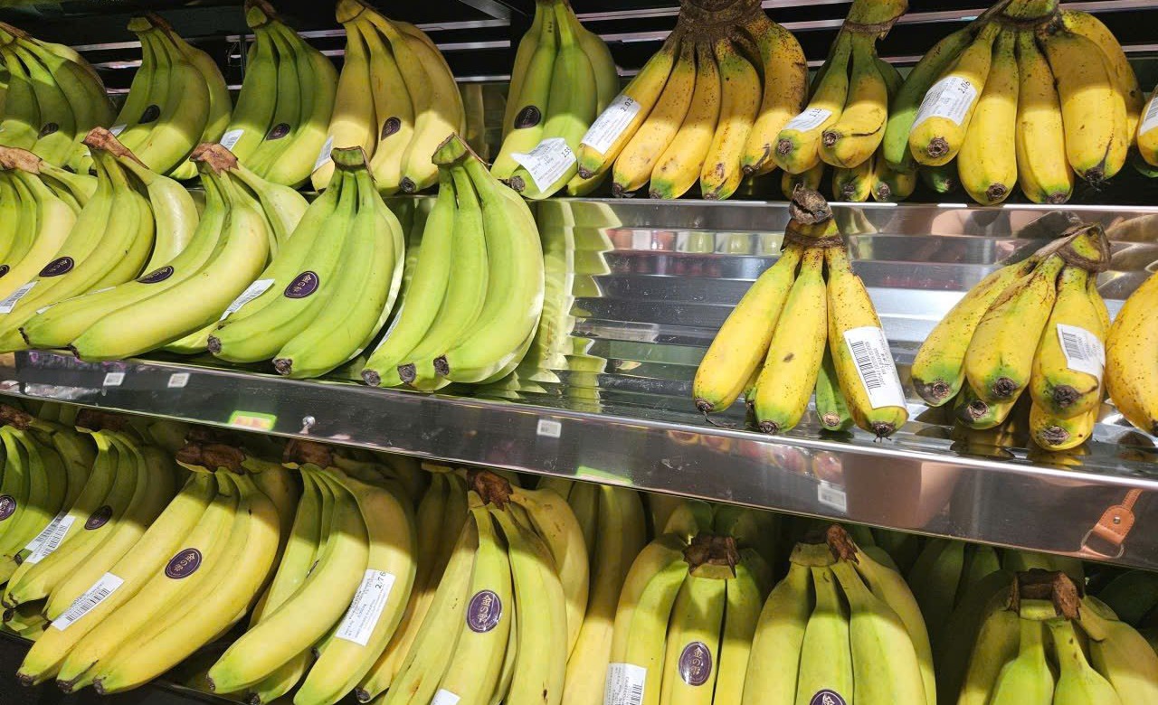 Premium bananas on a Singapore retail shelf — 'Golden Drop' diversified supply